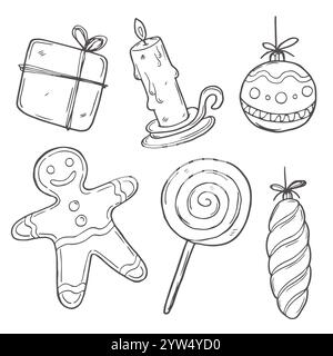 Handgezeichnetes Weihnachtsdoodle-Set festliche Schwarzweiß-Weihnachtsillustrationen mit Weihnachtsmann, Schneemann, Geschenken, Bäumen und mehr Stock Vektor