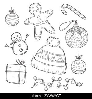 Handgezeichnetes Weihnachtsdoodle-Set festliche Schwarzweiß-Weihnachtsillustrationen mit Weihnachtsmann, Schneemann, Geschenken, Bäumen und mehr Stock Vektor