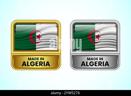 Das Label „Made in Algerien“ ist in Gold und Silber gehalten. Flaggensymbolgruppe für Unternehmen Stock Vektor