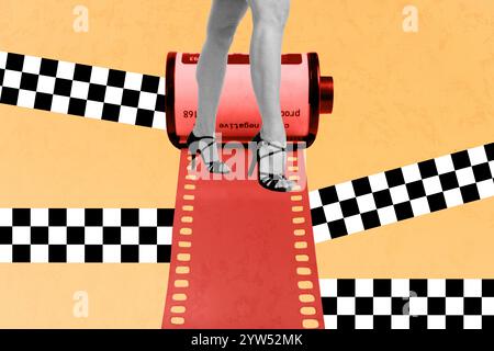 Composite Sketch Design Artwork 3D Fotocollage von Fotoaufnahmen Rahmen Tape Film Route Weg anonyme junge Beine zu Fuß tragen Schuhe Stiletto Stockfoto