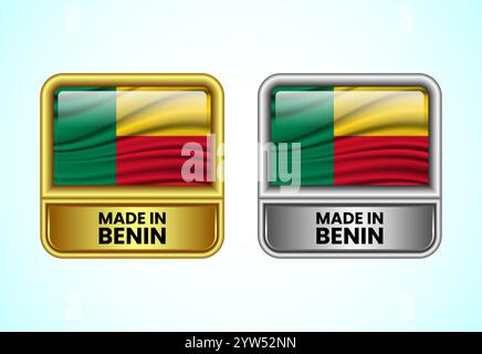 Hergestellt in Benin-Label-Ikone in Gold und Silber. Flaggensymbolgruppe für Unternehmen Stock Vektor