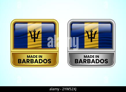 Hergestellt in Barbados Label Icon in Gold und Silber. Flaggensymbolgruppe für Unternehmen Stock Vektor