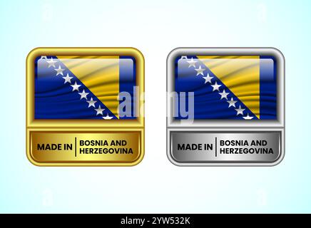 Made in Bosnien und Herzegowina, Label-Ikone in Gold und Silber. Flaggensymbolgruppe für Unternehmen Stock Vektor