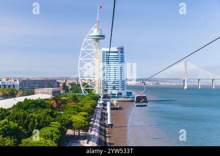 Lissabon, Portugal - 15. August 2017: Foto der Stadt in der Gondelbahn des Nationalparks. Normale Leute sind in Fahrgastkabinen und auf der Straße Stockfoto