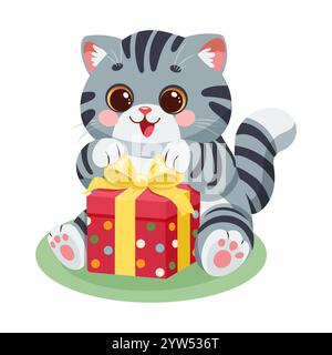 Süße graue Karikaturkatze, die aufgeregt ein buntes Geschenk auspackt. Verspielte Vektor-Illustration Stock Vektor