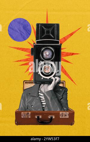 Skizzenbild Trend Grafik Montage 3D Foto Collage des Autors Kamera Hobbyaufnahme Inhalt Kopfperson erscheinen Reisegepäck Handgriff Stockfoto