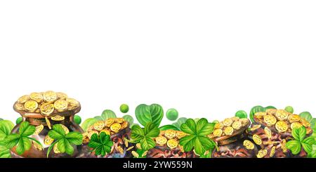 Vintage-Töpfe mit Kobold-Münzen und vier grünen Kleeblättern isoliert auf weißem Hintergrund. Nahtloser Rand für St. Patrick's Day Aquarellleuchten Stockfoto