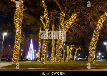 Baku. Aserbaidschan. 12.28.2021. Bäume, die wunderschön mit Neujahrsgirlanden im Baku Port Park dekoriert sind. Stockfoto