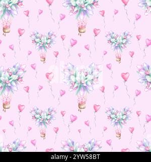 Herzförmige Blumenballons nahtloses Aquarellmuster auf Rosa. Handzeichnung endlose Illustration für romantischen zarten Valentinstag, Mutter- und Frauentag, Hochzeitsdesign, Textil, Verpackung, Stoff. Stockfoto