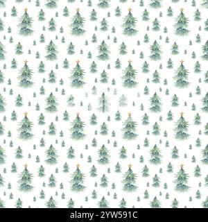 Weihnachtsbäume, schneebedeckt mit festlichen goldenen Sternen auf der Spitze, Waldlandschaft Winter. Handgezeichnetes Aquarell isoliertes nahtloses Muster für festliches Silvester-Verpackungspapier, Tapeten. Stockfoto