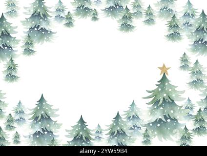 Weihnachtsfichten, schneebedeckt mit goldenem Stern. Handgezeichnete Aquarelltannenillustration, horizontale Grußkartenschablone isoliert vom Hintergrund mit Kopierraum für Neujahrstext, A4, A5. Stockfoto