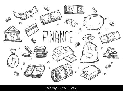 Gruppe von Objekten und Elementen in Bezug auf Geld und Bankwesen. Handgezeichnete Doodle-Illustration-Sammlung isoliert auf weißem Hintergrund. Bearbeitbare Konturlinie Stock Vektor