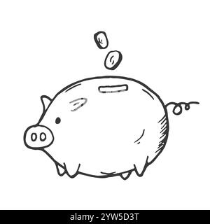 Das Schweinchen-Doodle mit Bankmünzen. Geld Sparschwein, handgezeichnet, Symbol im Skizzenstil. Geldökonomie-Comic-Doodle-gezeichnetes Konzept. Vektordarstellung. Stock Vektor