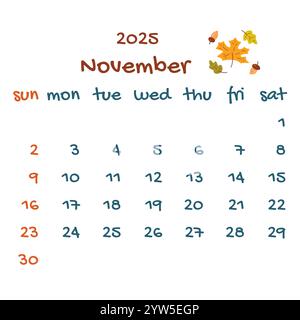 november-Kalender 2025 mit Herbstlaub. Farbenfroher moderner Kalender, Monatsplaner. Handgezeichnete Vektorgrafik. Modernes, einfaches Design. Herbstmonat Stock Vektor