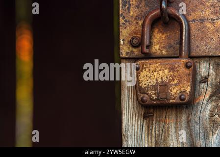 Ein Vorhängeschloss hängt an der Schraube neben der Tür, die offen ist, es ist dunkel außerhalb der Tür Stockfoto