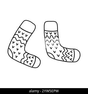 Warme, kuschelige Wintersocken. Bequeme Kleidung für kaltes Wetter. Wintersaison. Schwarz-weiß isolierte Vektor-Illustration Hand gezeichnet Doodle. C Stock Vektor