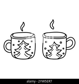 Zwei süße Tassen mit Weihnachtsbaum- und Schneeflockenmuster. Dampf tritt aus den Bechern aus. Heiße Schokolade im Winter. Schwarz-weiße Kritzelvektor-isola Stock Vektor
