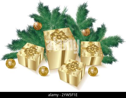 Weihnachts- und Neujahrskomposition mit Geschenkboxen, goldenen Kugeln, Kiefernzweigen. Vektorabbildung. Stock Vektor