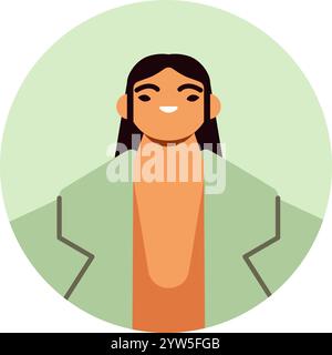 Minimalistische Vektor-Illustration mit einer lächelnden asiatischen Frau mit langen dunklen Haaren, die eine stilvolle grüne Jacke und ein orangefarbenes Oberteil trägt, präsentiert in A Stock Vektor