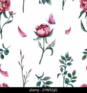 Nahtloses Blumenmuster mit Pfingstrosen und Schmetterling. Illustration mit Blumenaquarell auf isoliertem Hintergrund. Frühlings- und Sommervorlage für Geschenkverpackung Stockfoto