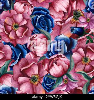 Helles nahtloses Muster mit Blumen. Hintergrund der Illustration mit Blumenaquarell. Frühlings- und Sommerschmuck mit Pfingstrosen und Rosen zum Einpacken von Papier, Stockfoto