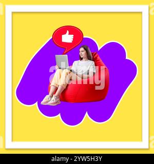 Content Manager, kreative konzeptionelle Collage. Junge Frau, die Laptop auf rotem Sitzsack-Stuhl benutzt. Benachrichtigung über Likes in der Nähe des Computers Stockfoto
