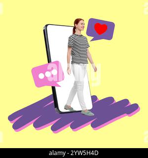 Content Manager, kreative konzeptionelle Collage. Glückliche Frau, die aus einem großen Handy auf farbigem Hintergrund geht. Benachrichtigungen in ihrer Nähe Stockfoto
