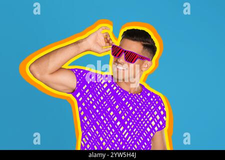 Glücklicher Mann mit Sonnenbrille auf blauem Hintergrund, kreative Kunstcollage. Farbenfrohe Umrisse um ihn herum. Stilvolles Poster Stockfoto