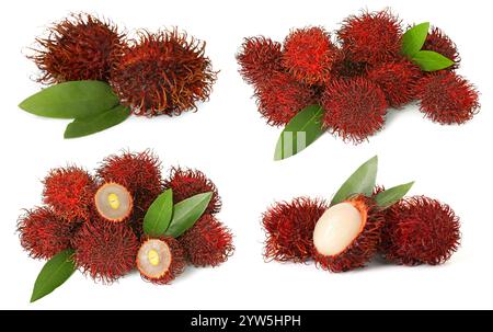 Frische tropische Rambutan-Früchte und grüne Blätter isoliert auf weiß, gesetzt Stockfoto