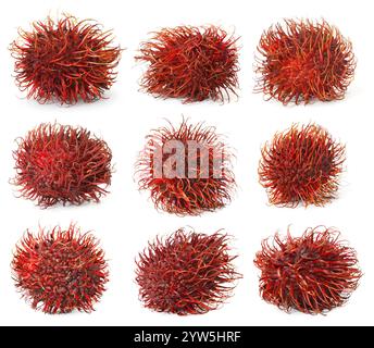 Frische ungeschälte Rambutan-Früchte isoliert auf weiß, Set Stockfoto