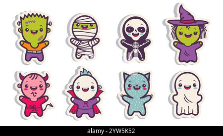 Vektor-Set-Illustration von Kindern in Kostümen für Halloween. Illustrationen mit niedlichen Kindern in Halloween-Monsterkostümen. Halloween Aufkleber von MON Stock Vektor