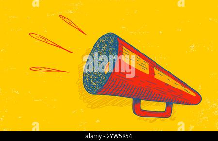 Vektor-Symbol des Vintage-Megaphons für Fake, Breaking News oder Verkauf. Vektor-Retro-Megaphon im Doodle-Stil auf gelbem Hintergrund. Stock Vektor