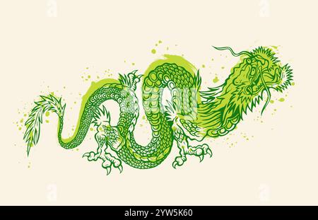 Vektor-Illustration eines grünen chinesischen Drachen. Tattoo von grünem Drachen im asiatischen Stil. Chinesisches Neujahr 2024. Stock Vektor