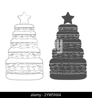 Set aus schwarz-weißen Illustrationen mit Weihnachtsbaum aus Dessert-Makronen. Isolierte Vektorobjekte. Stock Vektor