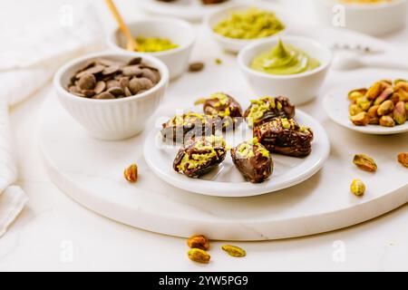 Zubereitung eines exquisiten Desserts, Datteln gefüllt mit Pistazien-Mousse, Alternative zur beliebten Dubai Schokoladenriegel Stockfoto