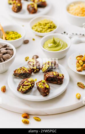 Zubereitung eines exquisiten Desserts, Datteln gefüllt mit Pistazien-Mousse, Alternative zur beliebten Dubai Schokoladenriegel Stockfoto