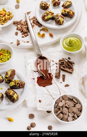 Zubereitung eines exquisiten Desserts, Datteln gefüllt mit Pistazien-Mousse, Alternative zur beliebten Dubai Schokoladenriegel Stockfoto