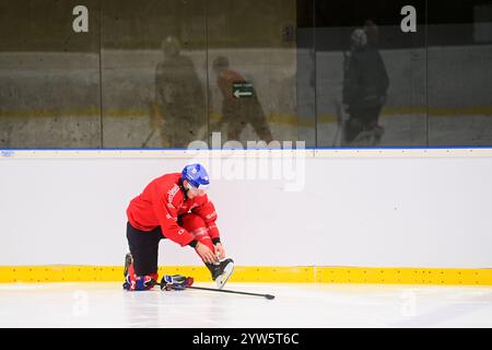 Pardubice, Tschechische Republik. Dezember 2024. Jakub Krejcik nimmt am Training der tschechischen Nationalmannschaft vor den Schweizer Hockeyspielen Teil, Teil der Euro Hockey Tour, am 9. Dezember 2024 in Pardubice, Tschechien. Quelle: Josef Vostarek/CTK Photo/Alamy Live News Stockfoto