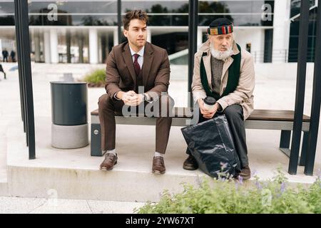 Große Aufnahme von plaudernden erfolgreichen Geschäftsleuten und alten Obdachlosen, die auf der Bank sitzen, was die wachsende Kluft zwischen Arm und Reich in der modernen Gesellschaft darstellt. Stockfoto