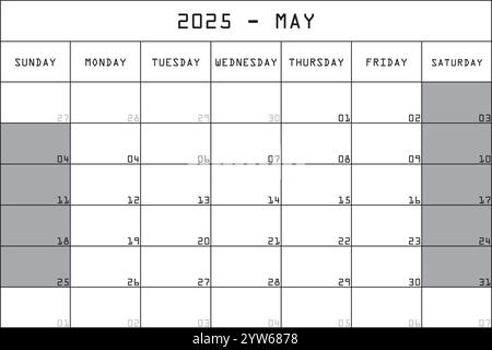 2025 Kalender Planer Organizer großer bearbeitbarer Raum Farbe Monat MAI Stock Vektor