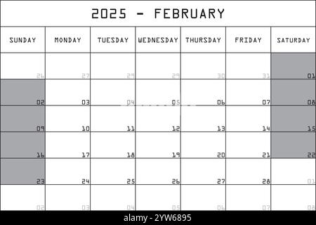 2025 Kalender Planer Organizer großer bearbeitbarer Raum Farbmonat FEBRUAR Stock Vektor
