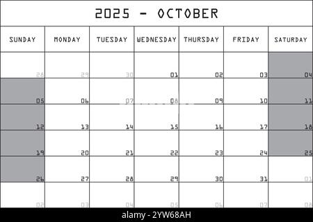 2025 Kalender Planer Organizer großer bearbeitbarer Raum Farbe Monat OKTOBER Stock Vektor