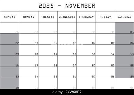 2025 Kalender Planer Organizer großer bearbeitbarer Raum Farbe Monat NOVEMBER Stock Vektor