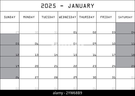2025 Kalender Planer Organizer großer bearbeitbarer Raum Farbmonat JANUAR Stock Vektor