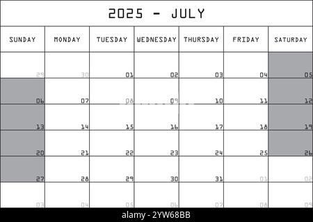 2025 Kalender Planer Organizer großer bearbeitbarer Raum Farbmonat JULI Stock Vektor