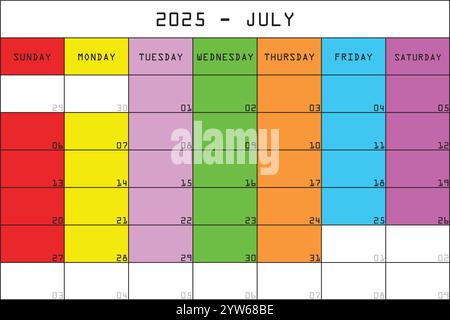 2025 Kalender Planer Organizer großer bearbeitbarer Raum Farbmonat JULI Stock Vektor