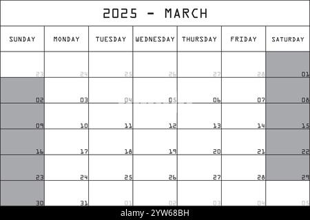 2025 Kalender Planer Organizer großer bearbeitbarer Raum Farbe Monat MÄRZ Stock Vektor