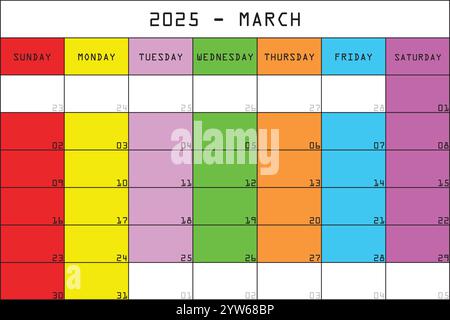 2025 Kalender Planer Organizer großer bearbeitbarer Raum Farbe Monat MÄRZ Stock Vektor