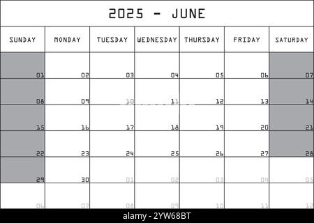 2025 Kalender Planer Organizer großer bearbeitbarer Raum Farbmonat JUNI Stock Vektor