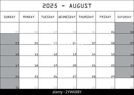 2025 Kalender Planer Organizer großer bearbeitbarer Raum Farbe Monat AUGUST Stock Vektor